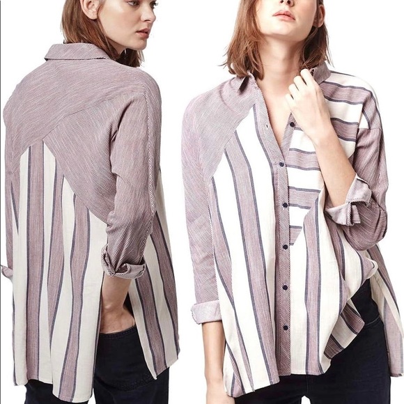 TopShop| Stripe Button Front High/Low Shirt - Picture 3 of 5